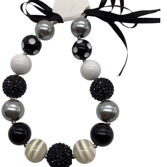 Chunky Beaded Girls Necklace With Ribbon Tie Closure In Black White & Silver - Picture 6 of 11